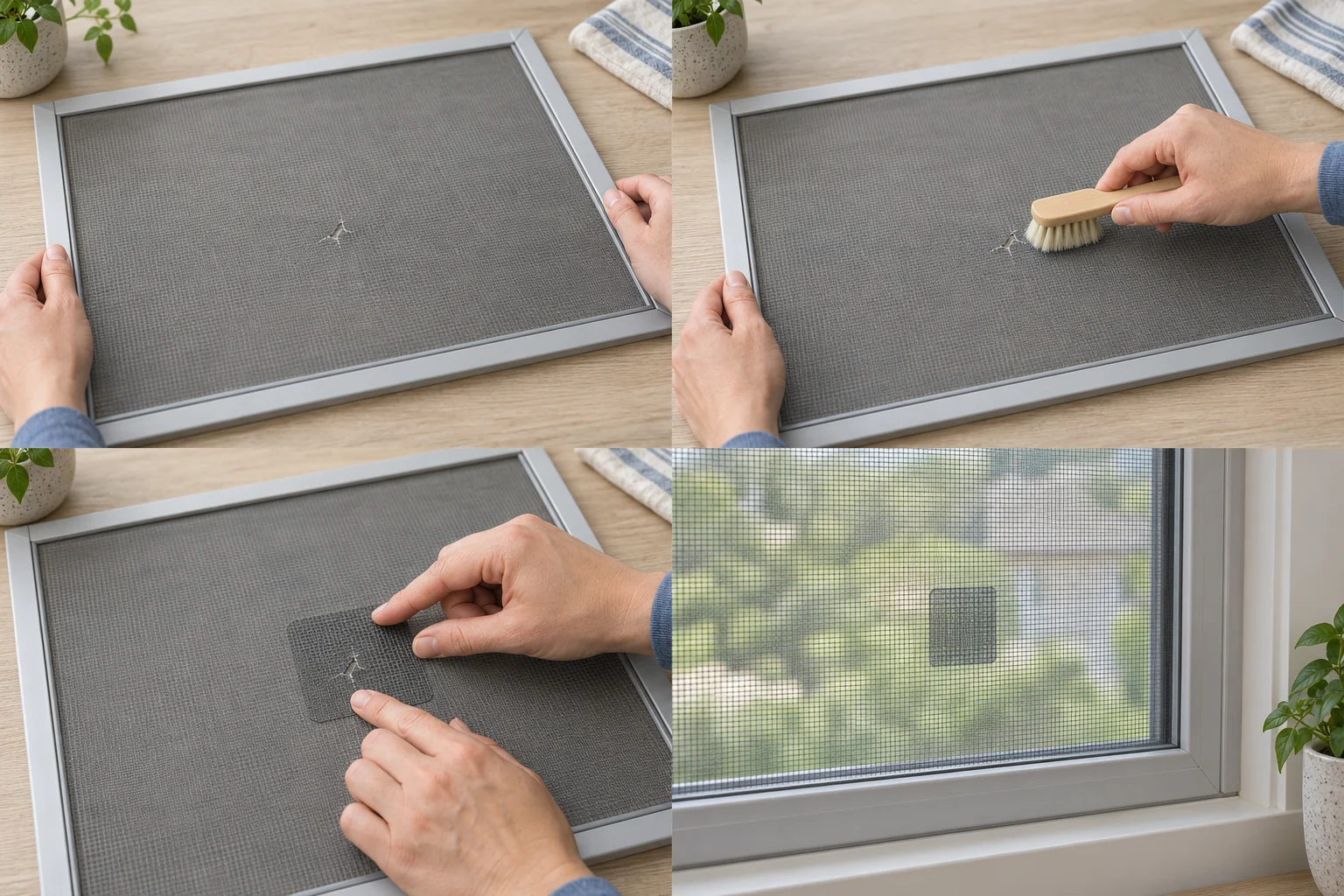 Removable window screen laid flat with a small mesh tear visible