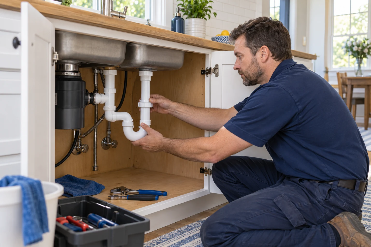 Handyman fitting new drain plumbing beneath a kitchen sink